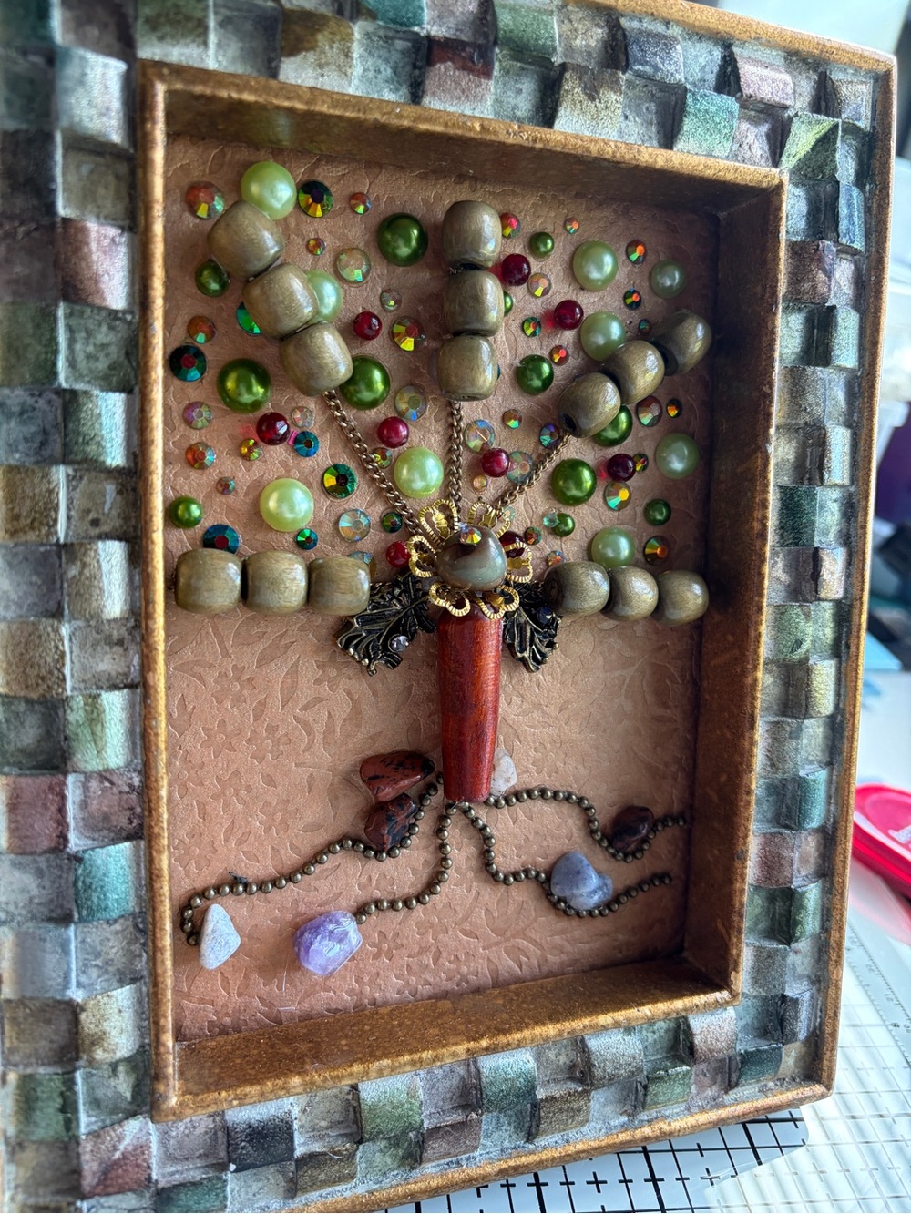Colorful Mixed Media Art with Gold Frame - Tree of Life